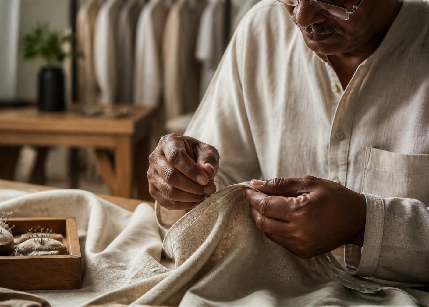 Artisan hand-finishing a linen garment in India