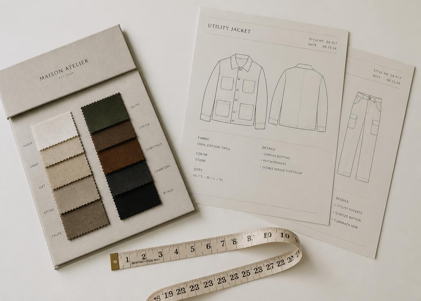 Fabric swatch book, tech packs and measuring tape on an ivory surface